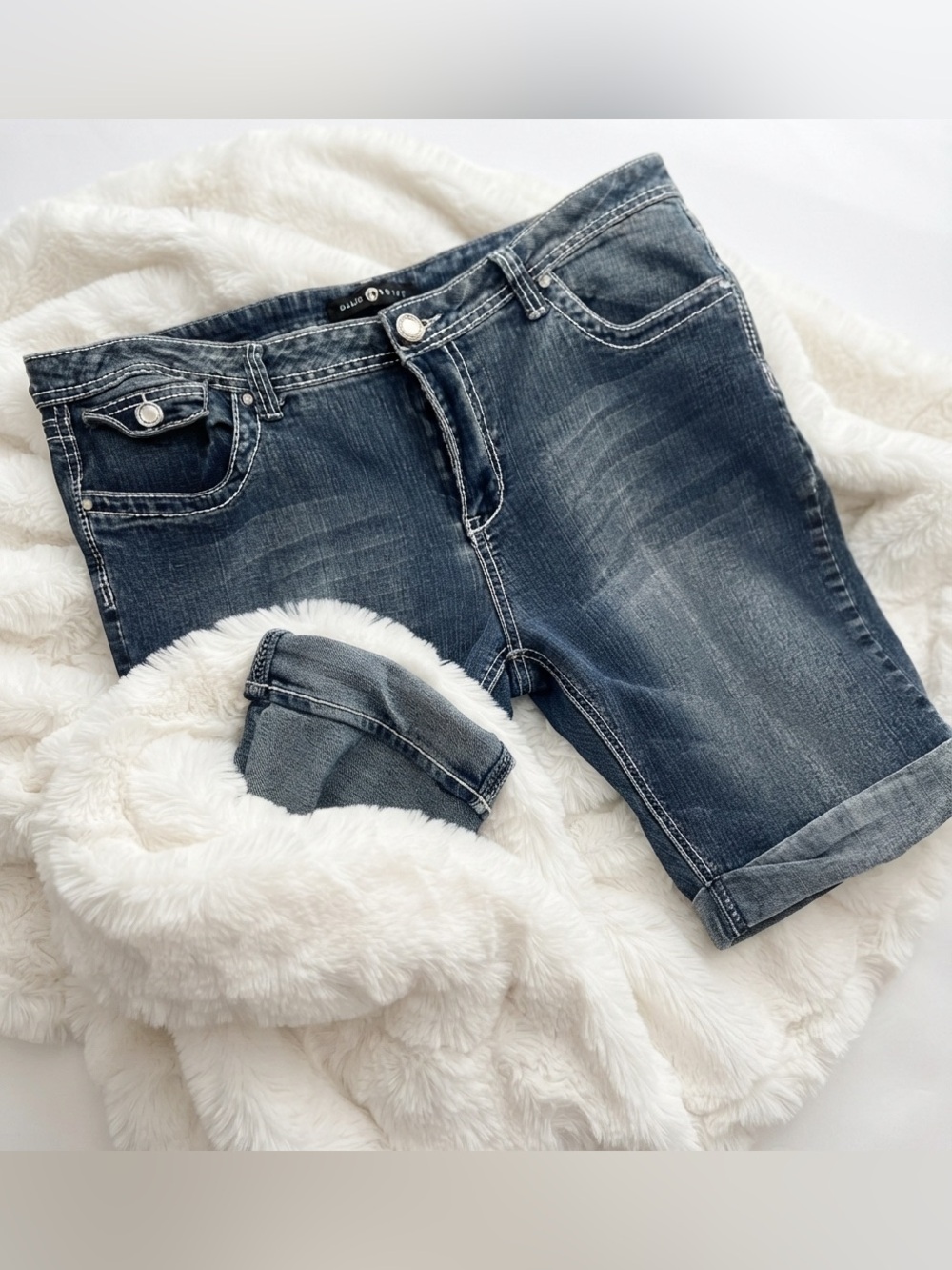 Classic Dark Blue Denim Bermuda Shorts - Comfortable Roll-Cuff Style